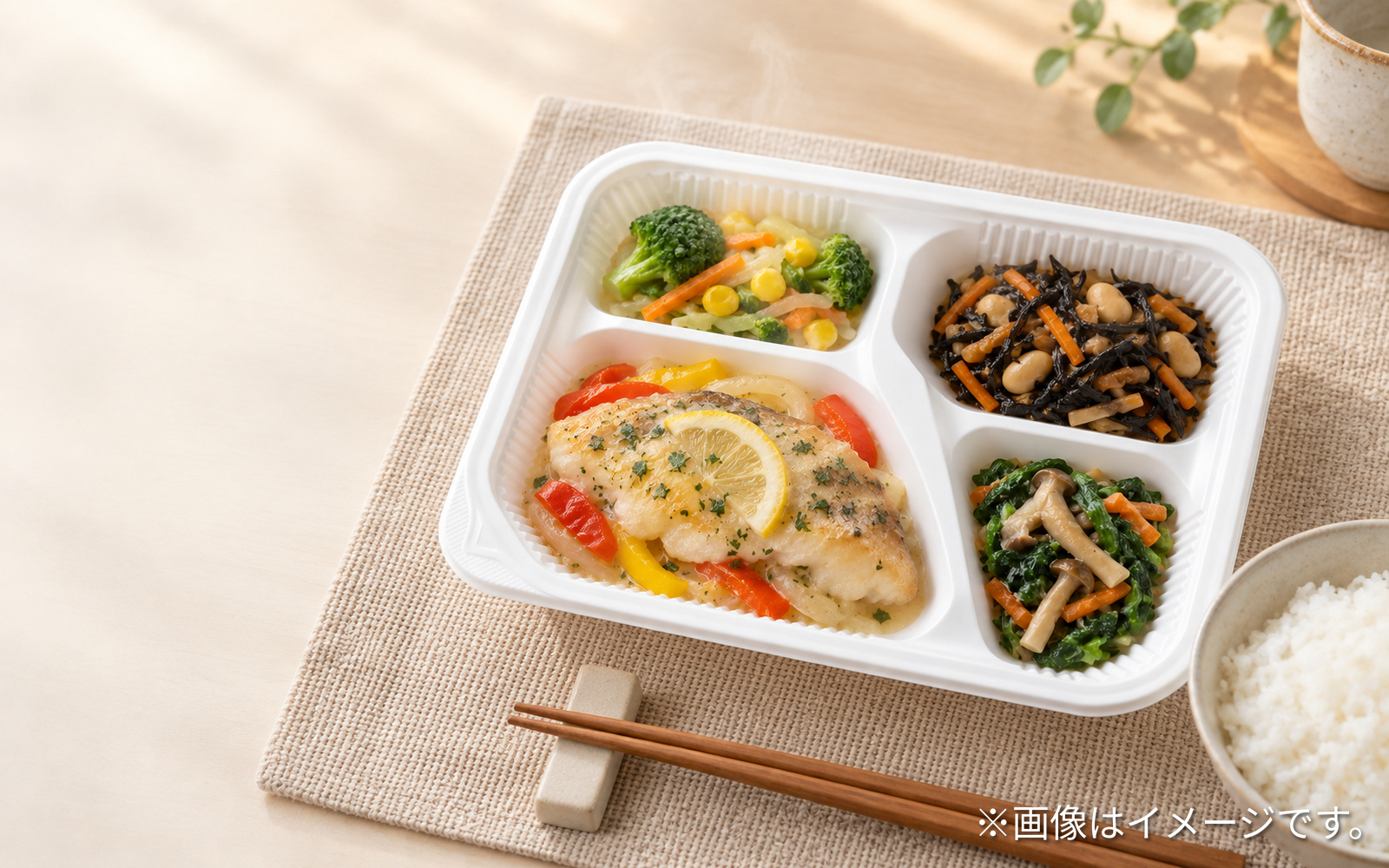温めた冷凍おかずと別に用意したごはんのイメージ