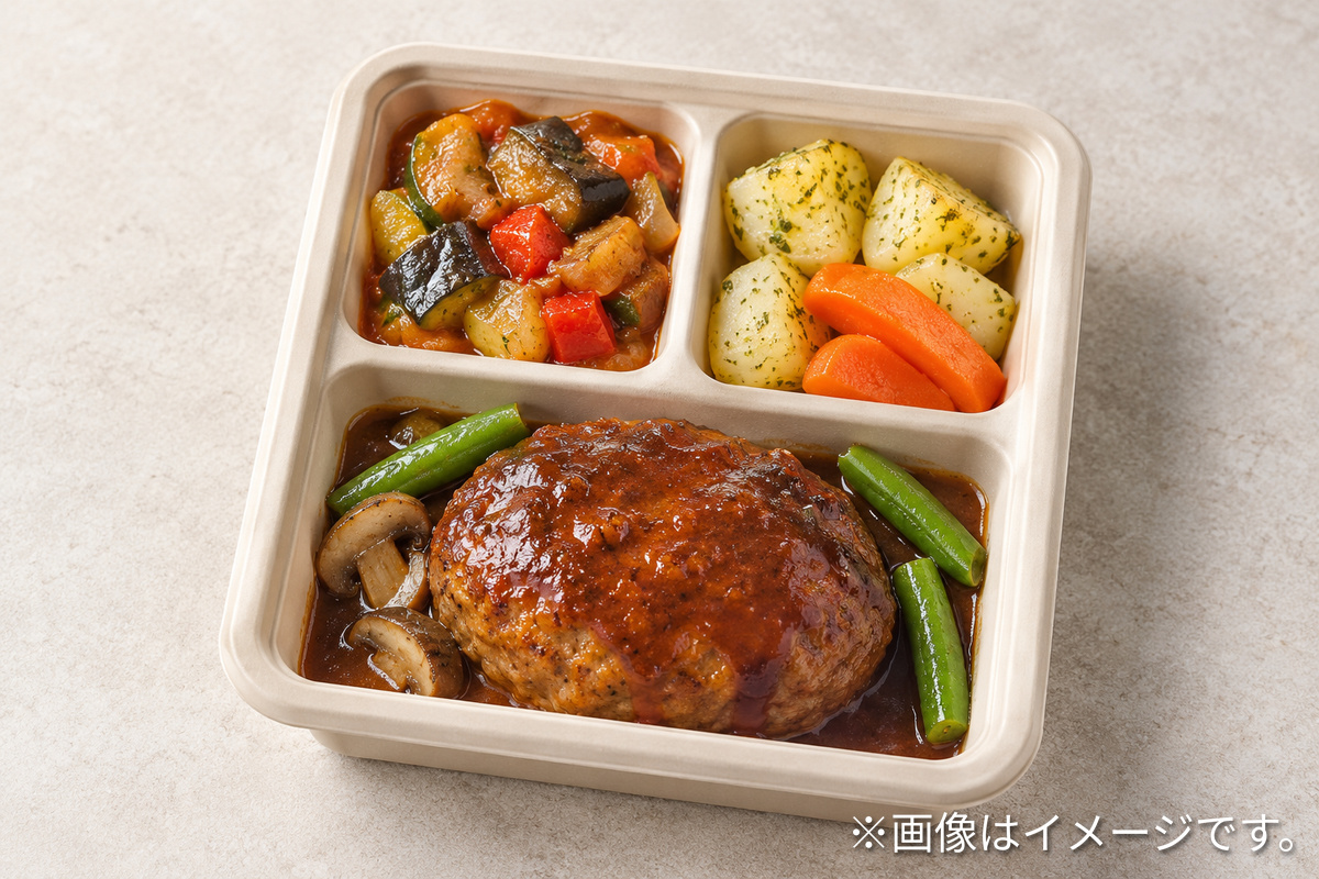 主菜と副菜の冷凍弁当を並べたイメージ