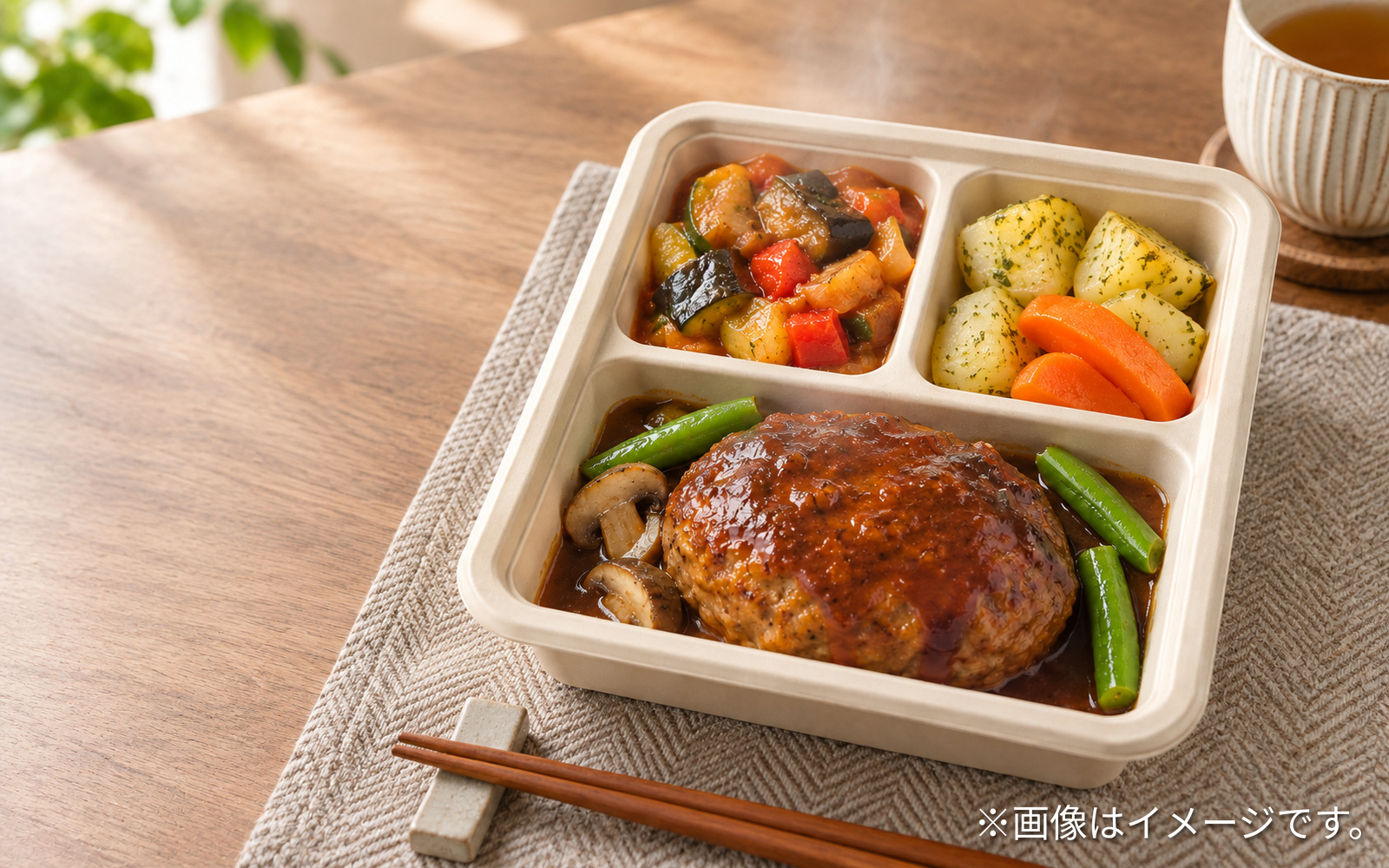 温めた冷凍弁当を食卓へ用意するイメージ