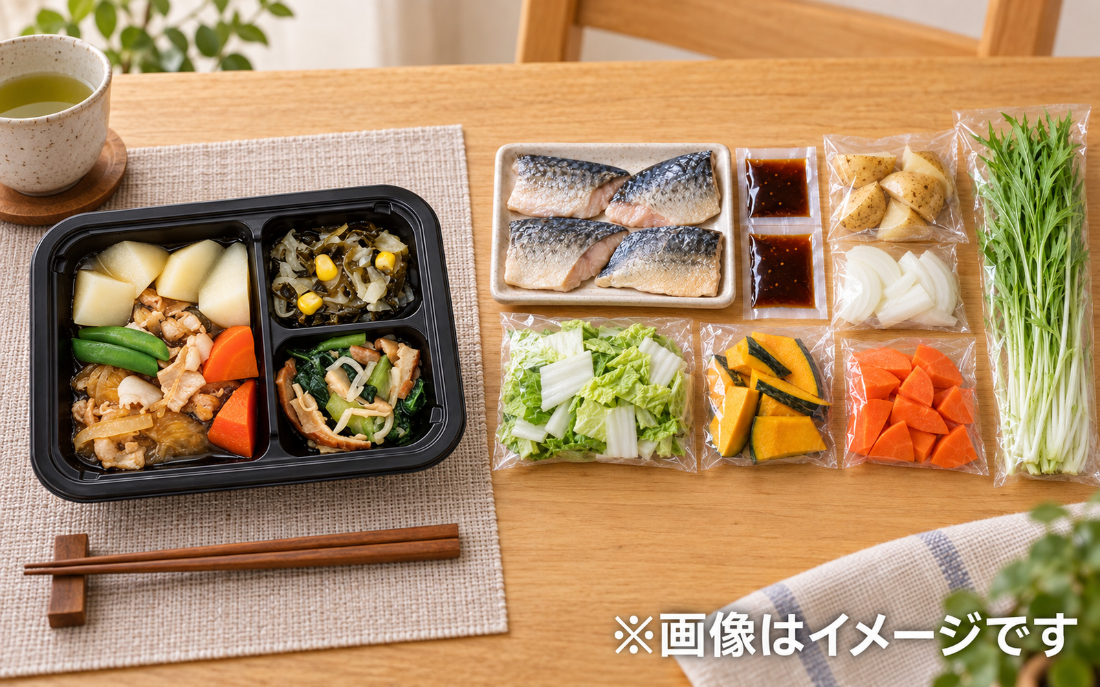 ミールキット用食材と別商品の冷凍惣菜を表したイメージ