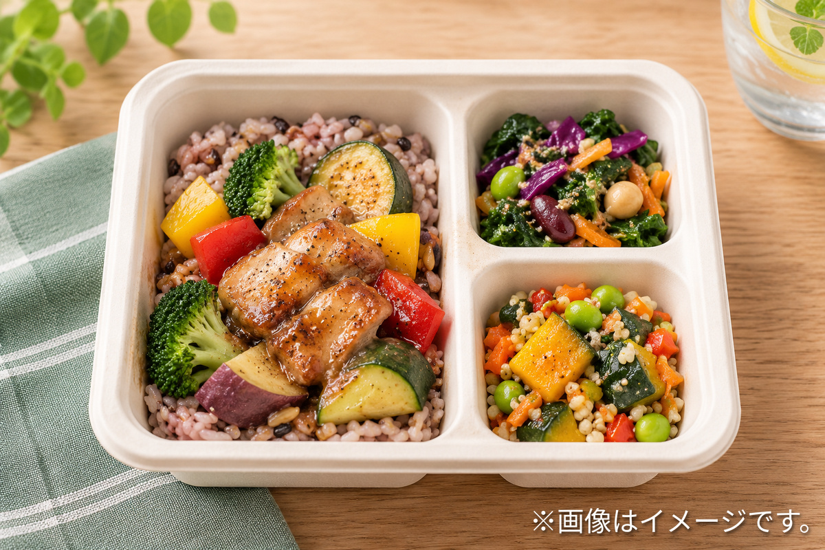 野菜と主菜、主食のある冷凍デリ弁当のイメージ
