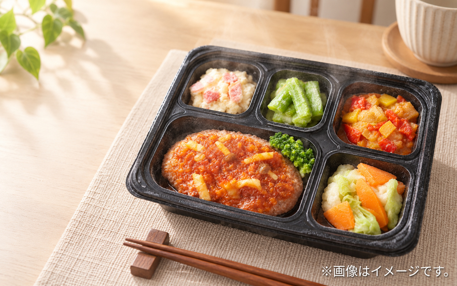 冷凍のおかずを温めて食卓へ用意するイメージ