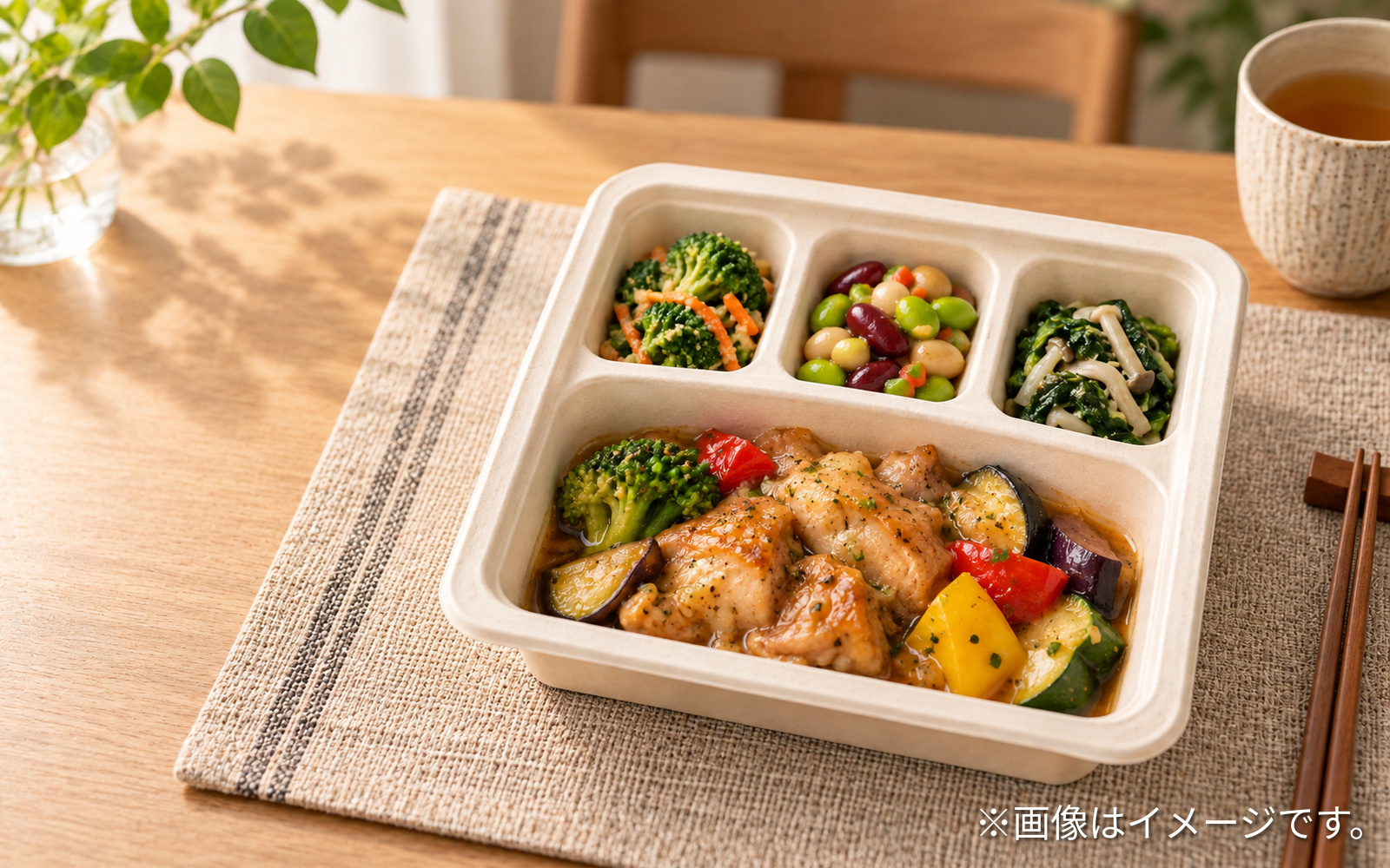 冷凍の宅配食を温めて食卓へ用意するイメージ